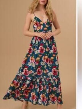 Altar'd State Henleigh Blue Floral Spaghetti Strap Dress with Crochet Trim